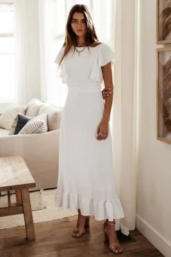 LAKE FLOWER FASHION Janet Ruffle Sleeve Maxi Dress In Beige - FINAL SALE
