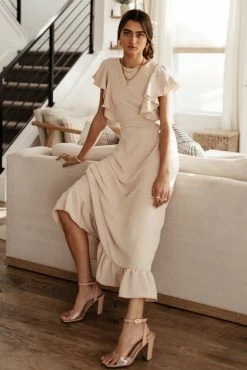 LAKE FLOWER FASHION Janet Ruffle Sleeve Maxi Dress In Beige - FINAL SALE