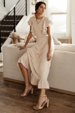 LAKE FLOWER FASHION Janet Ruffle Sleeve Maxi Dress In Beige - FINAL SALE