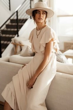 LAKE FLOWER FASHION Janet Ruffle Sleeve Maxi Dress In Beige - FINAL SALE
