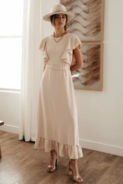 LAKE FLOWER FASHION Janet Ruffle Sleeve Maxi Dress In Beige - FINAL SALE