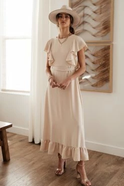 LAKE FLOWER FASHION Janet Ruffle Sleeve Maxi Dress In Beige - FINAL SALE