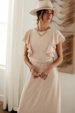 LAKE FLOWER FASHION Janet Ruffle Sleeve Maxi Dress In Beige - FINAL SALE