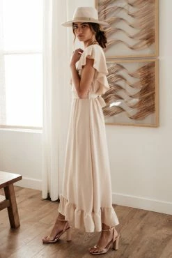 LAKE FLOWER FASHION Janet Ruffle Sleeve Maxi Dress In Beige - FINAL SALE