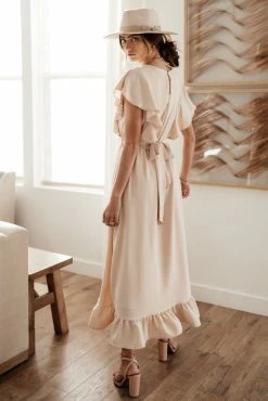 LAKE FLOWER FASHION Janet Ruffle Sleeve Maxi Dress In Beige - FINAL SALE