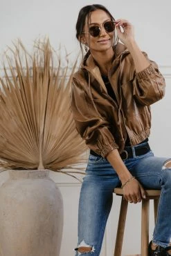 PROMESA Angie Vegan Leather Jacket In Camel - FINAL SALE