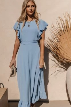 LAKE FLOWER FASHION Janet Ruffle Sleeve Maxi Dress In Light Blue - FINAL SALE