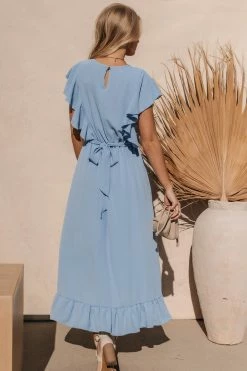 LAKE FLOWER FASHION Janet Ruffle Sleeve Maxi Dress In Light Blue - FINAL SALE