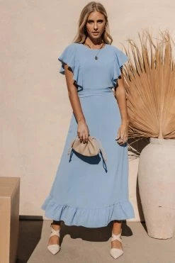 LAKE FLOWER FASHION Janet Ruffle Sleeve Maxi Dress In Light Blue - FINAL SALE