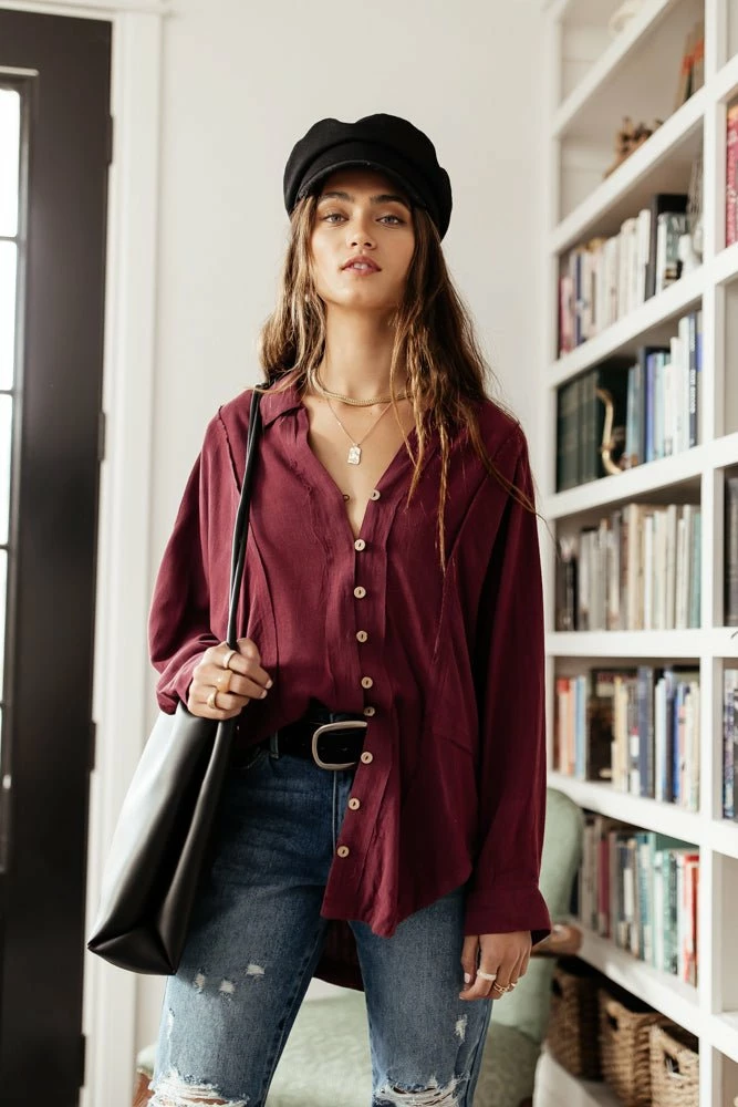 Hot Sale 🥰 LISTICLE Rosealie Oversized 👚 Shirt In Burgundy - FINAL SALE 🤩 1 LISTICLE Rosealie Oversized Shirt In Burgundy - FINAL SALE