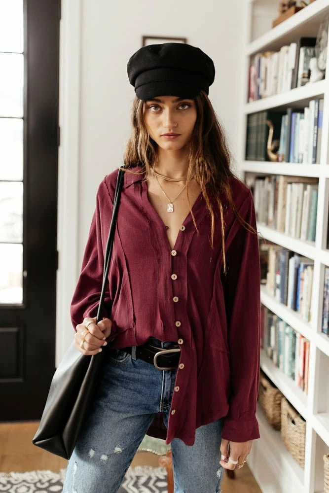 Hot Sale 🥰 LISTICLE Rosealie Oversized 👚 Shirt In Burgundy - FINAL SALE 🤩 7 LISTICLE Rosealie Oversized Shirt In Burgundy - FINAL SALE