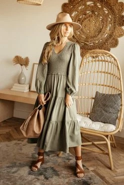 LUMIERE Smocked Tiered Midi Dress In Sage - FINAL SALE