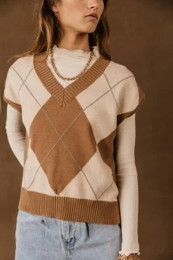PROMESA Ella Argyle Sweater Vest In Camel - FINAL SALE