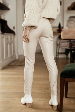 AARON & AMBER Karina Vegan Leather Pants In Beige - FINAL SALE
