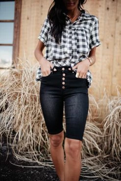 BLACK PEARL DENIM Bohme Button Fly Bermuda Shorts In Black - FINAL SALE