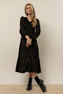 LUMIERE Smocked Tiered Midi Dress In Black New Arrivals