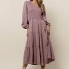 LUMIERE Smocked Tiered Midi Dress In Lavender Dresses