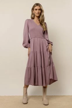 LUMIERE Smocked Tiered Midi Dress In Lavender Dresses