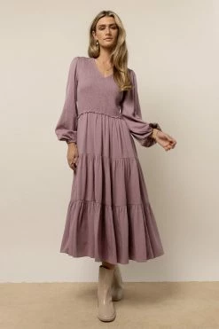 LUMIERE Smocked Tiered Midi Dress In Lavender Dresses