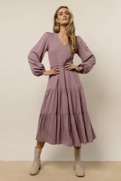 LUMIERE Smocked Tiered Midi Dress In Lavender Dresses