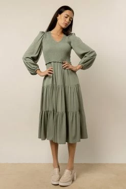 LUMIERE Smocked Tiered Midi Dress In Sage - FINAL SALE