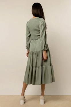 LUMIERE Smocked Tiered Midi Dress In Sage - FINAL SALE