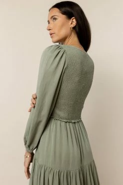 LUMIERE Smocked Tiered Midi Dress In Sage - FINAL SALE