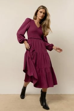LUMIERE Smocked Tiered Midi Dress In Fuchsia New Arrivals