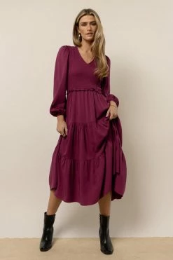 LUMIERE Smocked Tiered Midi Dress In Fuchsia New Arrivals
