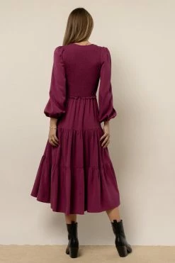 LUMIERE Smocked Tiered Midi Dress In Fuchsia New Arrivals