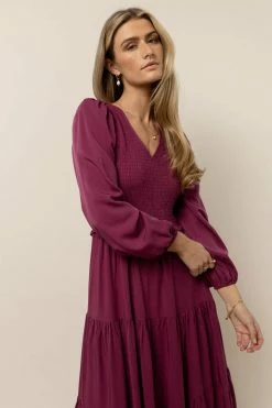 LUMIERE Smocked Tiered Midi Dress In Fuchsia New Arrivals