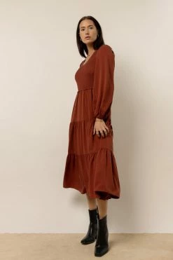 LUMIERE Smocked Tiered Midi Dress In Brown