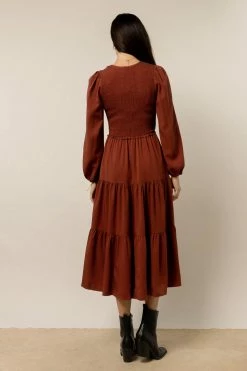 LUMIERE Smocked Tiered Midi Dress In Brown
