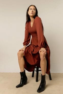 LUMIERE Smocked Tiered Midi Dress In Brown