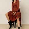 LUMIERE Smocked Tiered Midi Dress In Brown