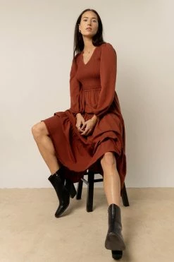 LUMIERE Smocked Tiered Midi Dress In Brown