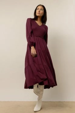 LUMIERE New Arrivals Smocked Tiered Midi Dress In Purple