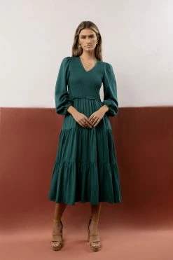 LUMIERE Smocked Tiered Midi Dress In Teal New Arrivals