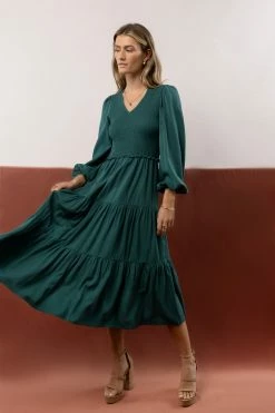 LUMIERE Smocked Tiered Midi Dress In Teal New Arrivals