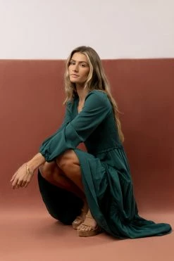 LUMIERE Smocked Tiered Midi Dress In Teal New Arrivals