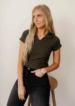GINGER G Naomi Ribbed Top In Olive - FINAL SALE