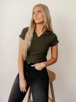 GINGER G Naomi Ribbed Top In Olive - FINAL SALE