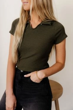 GINGER G Naomi Ribbed Top In Olive - FINAL SALE