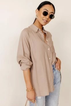 FUN 2 FUN Maude Button Down Blouse In Taupe - FINAL SALE