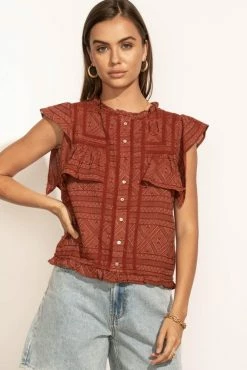 LOVE STITCH Clothing Illustrated Sue Button Down Blouse In Brick - FINAL SALE