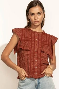 LOVE STITCH Clothing Illustrated Sue Button Down Blouse In Brick - FINAL SALE
