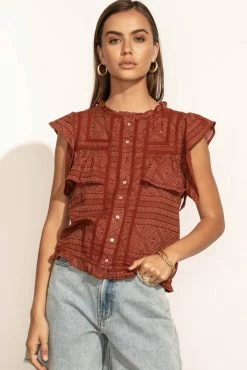 LOVE STITCH Clothing Illustrated Sue Button Down Blouse In Brick - FINAL SALE