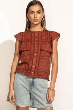 LOVE STITCH Clothing Illustrated Sue Button Down Blouse In Brick - FINAL SALE