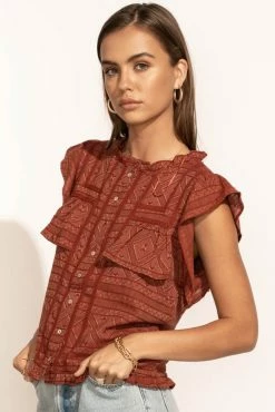 LOVE STITCH Clothing Illustrated Sue Button Down Blouse In Brick - FINAL SALE