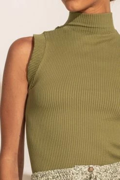 DYNAMIC FASHION Bella Ribbed Tank In Olive Tops